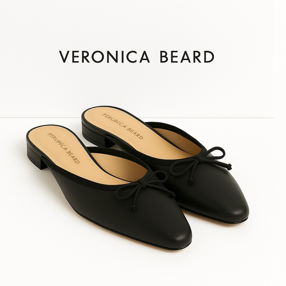 Veronica Beard Catherine Mule Flats Black Leather Bow Size 8 - Picture 2 of 10